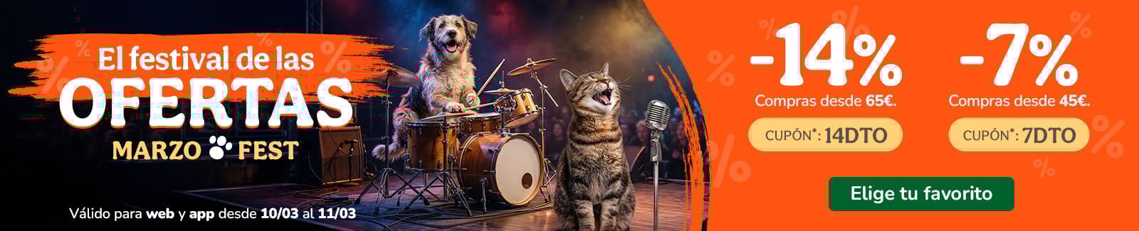 -14% o -7%  de dto. en alimentaci&oacute;n, accesorios y productos de higiene. Cup&oacute;n 14DTO o 7DTO