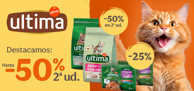 Última: 50% de descuento en la 2ª unidad de pienso y 25% de descuento en packs de comida húmeda para tu peludo.