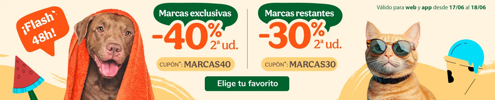 Hasta -40% en la 2ª ud. en alimentación, accesorios y productos de higiene. Cupones MARCAS40 o MARCAS30