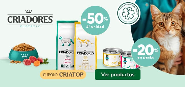 Criadores: 50% dto en la 2ª unidad de pienso veterinario y 20% dto en packs de comida húmeda para gatos.