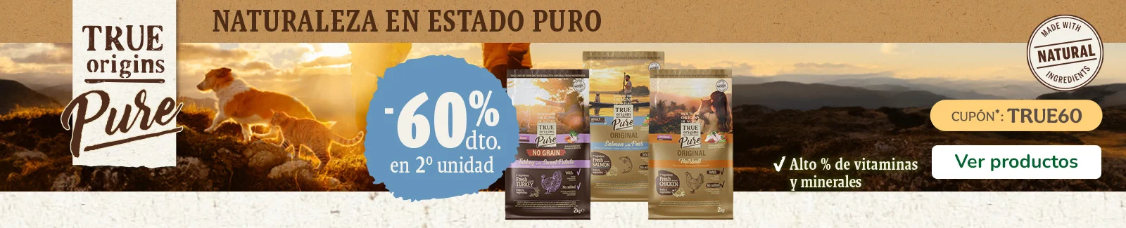 True Origins Pure: 60% dto en 2ª ud en pienso para perro y gato.