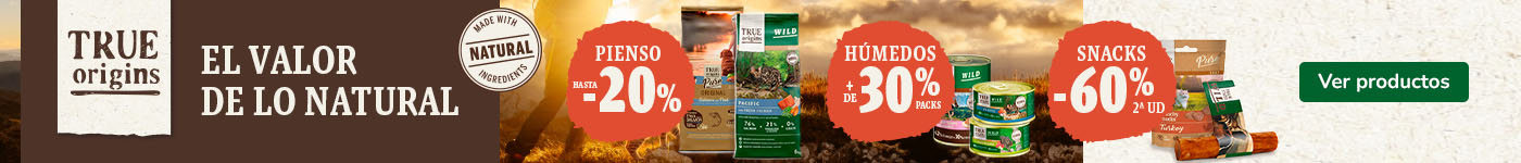 True Origins: Hasta 20% dto en piensos, +30% dto en packs húmedos y 60% dto en la 2ª unidad de snacks para tu peludo.