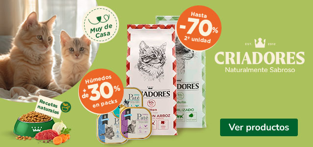 Criadores: Hasta 70% dto en la 2ª unidad de pienso y +30% dto en packs de comida húmeda para gatos.