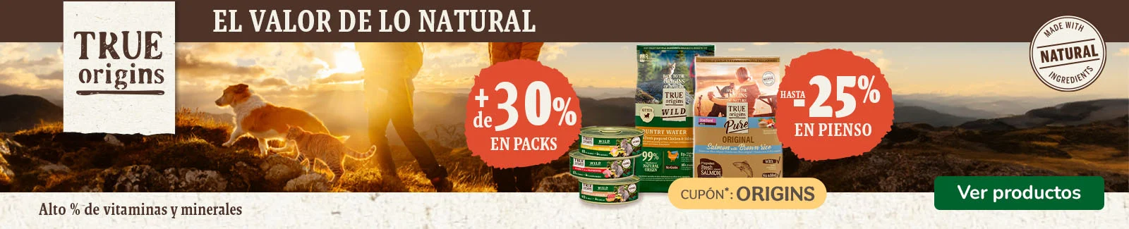 True Origins: Hasta 25% dto en pienso y +30% dto en packs de comida h&uacute;meda para gatos.