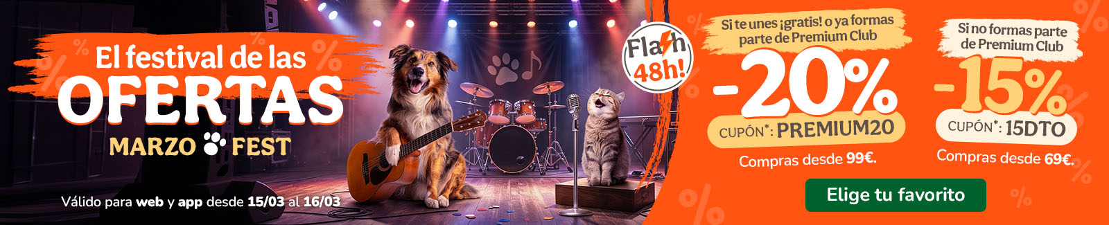 -20% o -15% de dto. en alimentaci&oacute;n, accesorios y productos de higiene. Cup&oacute;n PREMIUM20 o 15DTO.