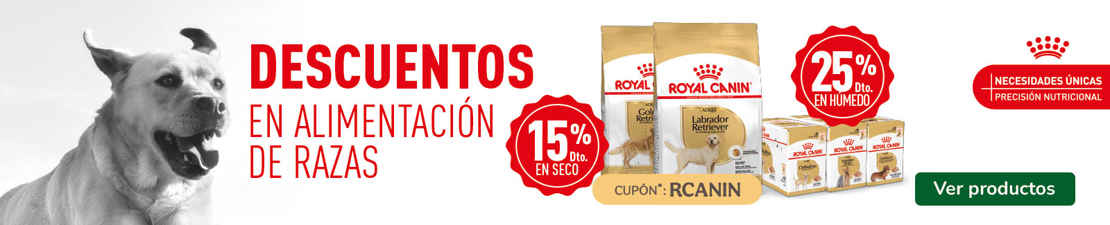 Royal Canin: Hasta 15% dto en pienso y 25% dto en packs de comida h&uacute;meda para perros.