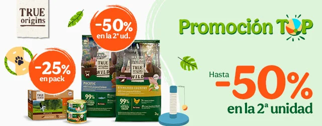 True Origins: Hasta 50% dto en la 2ª unidad de pienso y 25% dto en packs de comida húmeda para gatos.