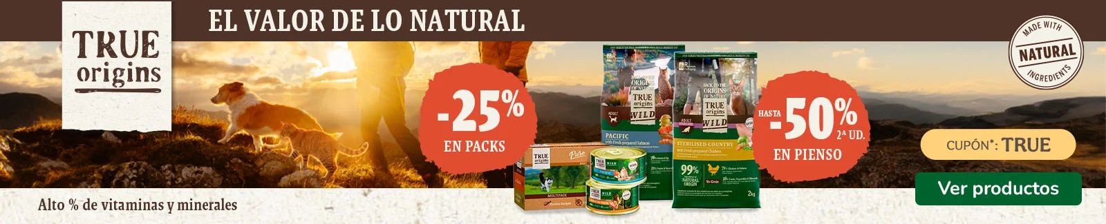 True Origins: Hasta 50% dto en la 2&ordf; unidad de pienso y 25% dto en packs de comida h&uacute;meda para gatos.