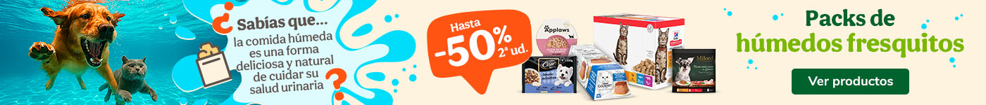 Comida húmeda: Hasta 50% de descuento en packs seleccionados.