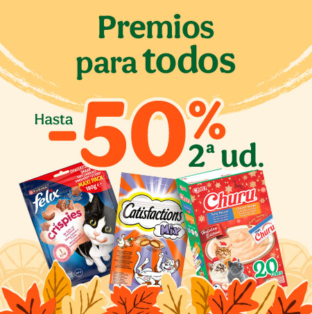 Hasta 50% dto en la 2ª unidad de snacks para tu gato.