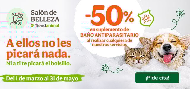 50% dto en suplementos de baño antiparasitario para tu peludo.