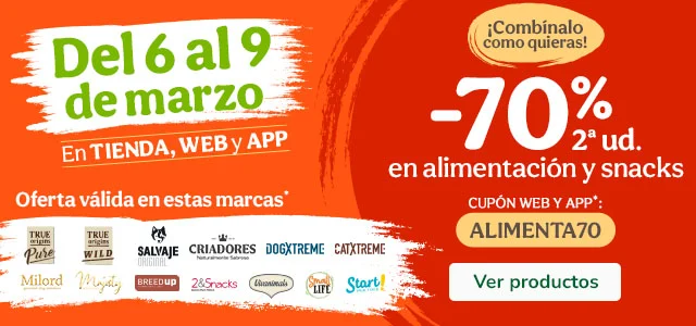 Hasta 70% dto en la 2ª unidad de alimentación para tu peludo.