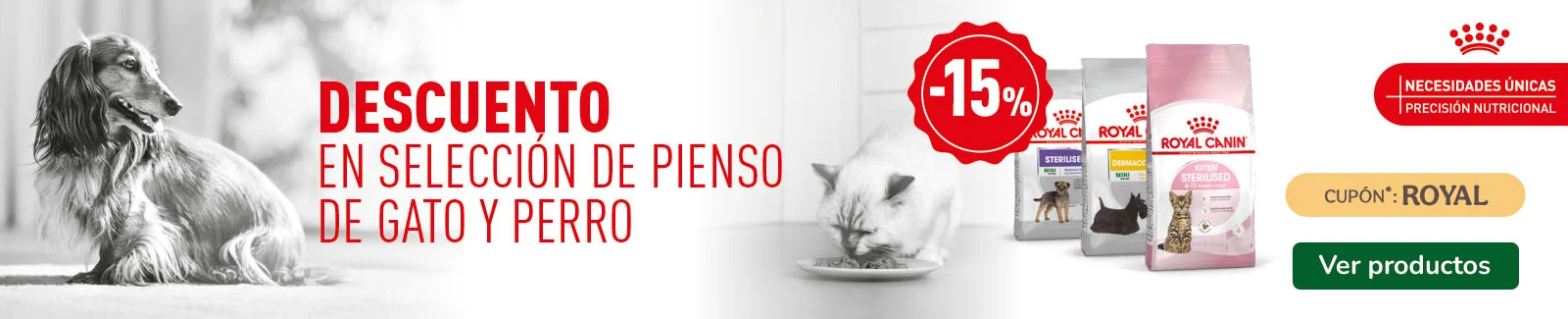 Royal Canin: 15% dto en piensos para perros y gatos.