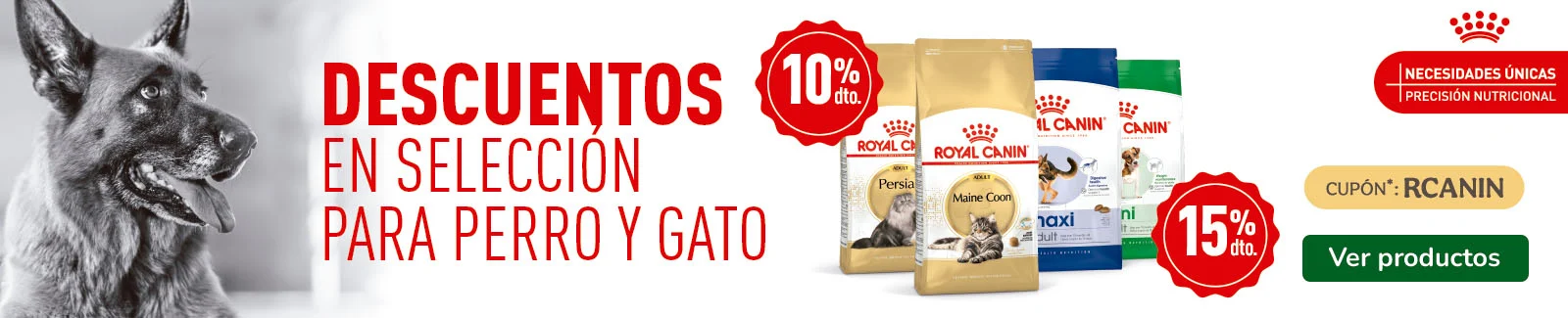 Royal Canin: 15% dto en pienso para perros y 10% dto en pienso para gatos.