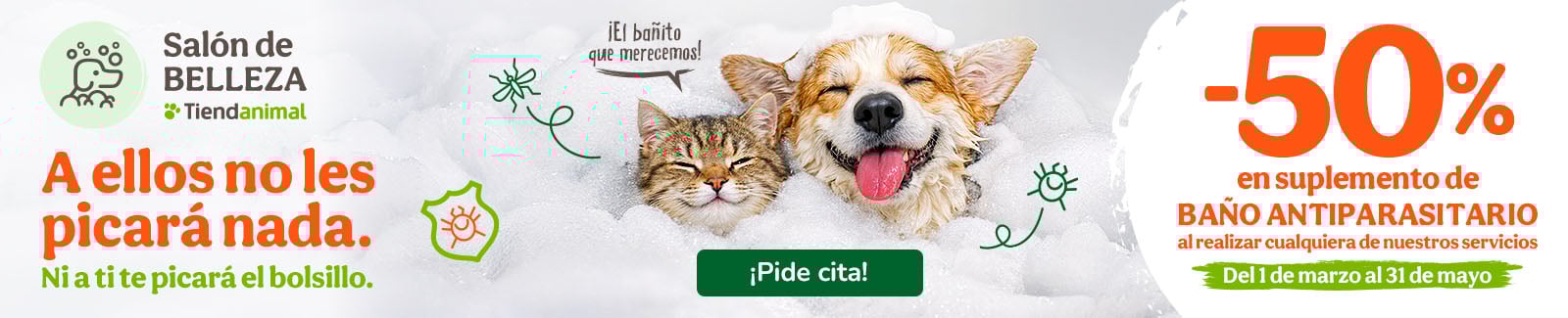 50% dto en suplementos de ba&ntilde;o antiparasitario para tu peludo.
