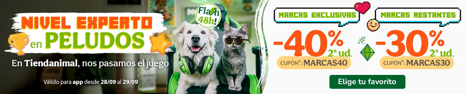 Hasta -40% en la 2ª ud. en alimentación, accesorios y productos de higiene. Cupones MARCAS40 o MARCAS30