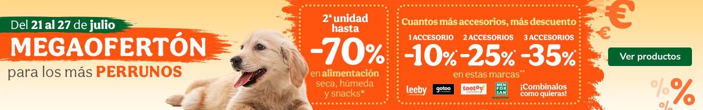 Hasta 70% en la 2ª ud pienso y hasta 35% dto en accesorios para perros.