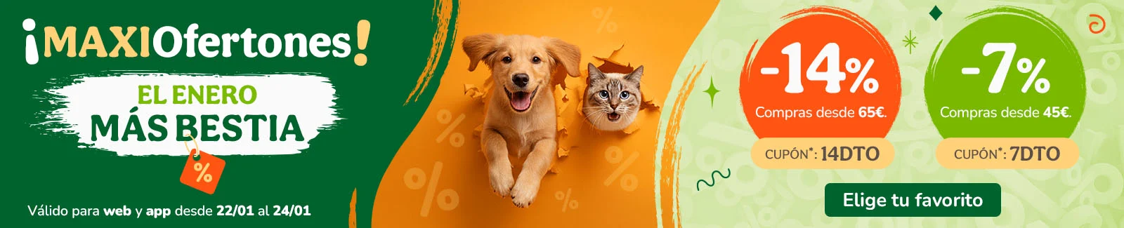 -14% o -7%  de dto. en alimentaci&oacute;n, accesorios y productos de higiene. Cup&oacute;n 14DTO o 7DTO