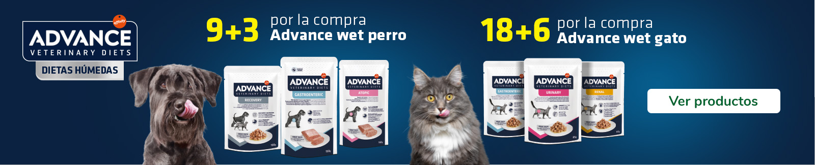 REGALO 3 bolsitas de comida húmeda para perro comprando 9uds o 6 bolsitas comprando 18 uds de comida húmeda para gato de la marca Advance Veterinary Diets