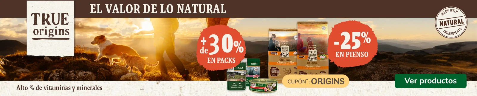 True Origins: Hasta 25% dto en pienso y +30% dto en packs de comida h&uacute;meda para tu peludo.