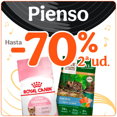 Hasta 70% dto en la 2ª ud de pienso para tu gato.