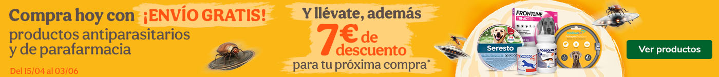 ¡Envio gratis!: con la compra de antiparasitarios y parafarmacia y, además, regalo cupón para tu próxima compra.