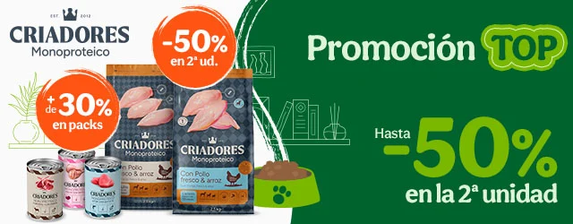 Criadores Monoproteico: 50% dto en la 2ª unidad de pienso y +30% dto en packs de comida húmeda para perros.