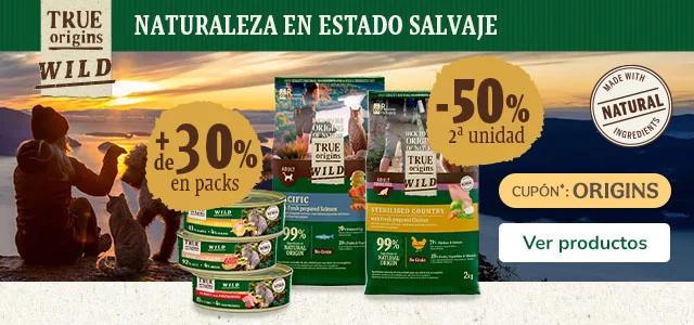 True Origins: Hasta 50% dto en la 2ª unidad de pienso y +30% dto en packs de comida húmeda para gatos.