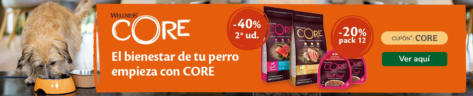 Wellness Core: ¡2ª unidad al 40% de descuento en piensos + 20% dto. en húmedos para perros!