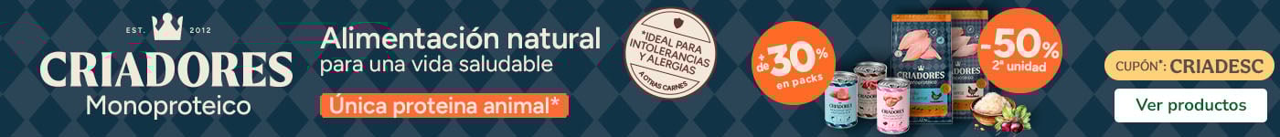 Criadores Monoproteico: 50% dto en la 2ª unidad de pienso y +30% dto en packs de comida húmeda para perros.