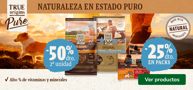 True Origins Pure: 50% dto en la 2ª unidad de pienso y 25% dto en packs de comida húmeda para gatos.