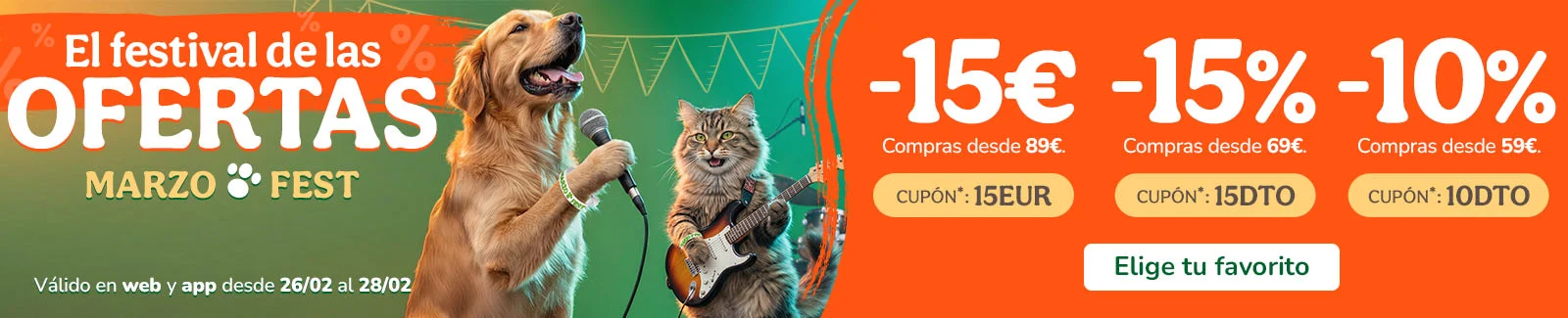 15&euro;, -15% o -10% de dto. en alimentaci&oacute;n, accesorios y productos de higiene. Cup&oacute;n  15EUR, 15DTO o 10DTO