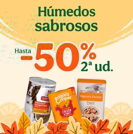 Hasta 50% dto en la 2ª unidad de packs de comida húmeda para perros.
