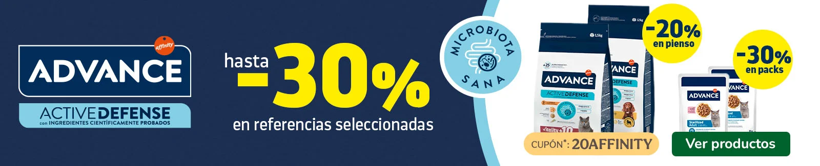 Advance: 20% dto en pienso y hasta 30% dto en packs de comida h&uacute;meda para tu peludo.