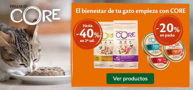 Wellness Core: Hasta 40% dto en la 2ª unidad de pienso y 20% dto en packs de comida húmeda para gatos.