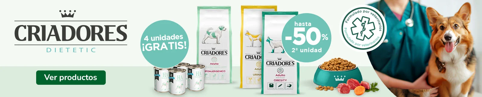 Criadores: Pienso veterinario para perros con regalo de comida h&uacute;meda y 50% dto en la 2&ordf; unidad de pienso veterinario para gatos.