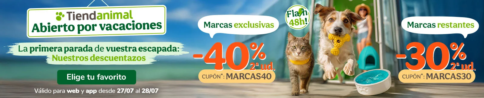 Hasta -40% en la 2ª ud. en alimentación, accesorios y productos de higiene. Cupones MARCAS40 o MARCAS30