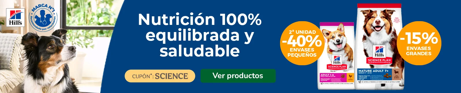 Hills Science Plan: 15% dto en saco grande y 40% dto en la 2ª ud de saco pequeño para perros.