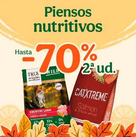 Hasta 70% dto en la 2ª ud de pienso para tu gato.