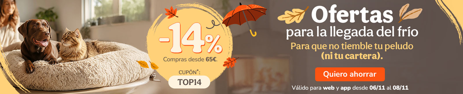 -14%  de dto. en alimentación, accesorios y productos de higiene. Cupón TOP14