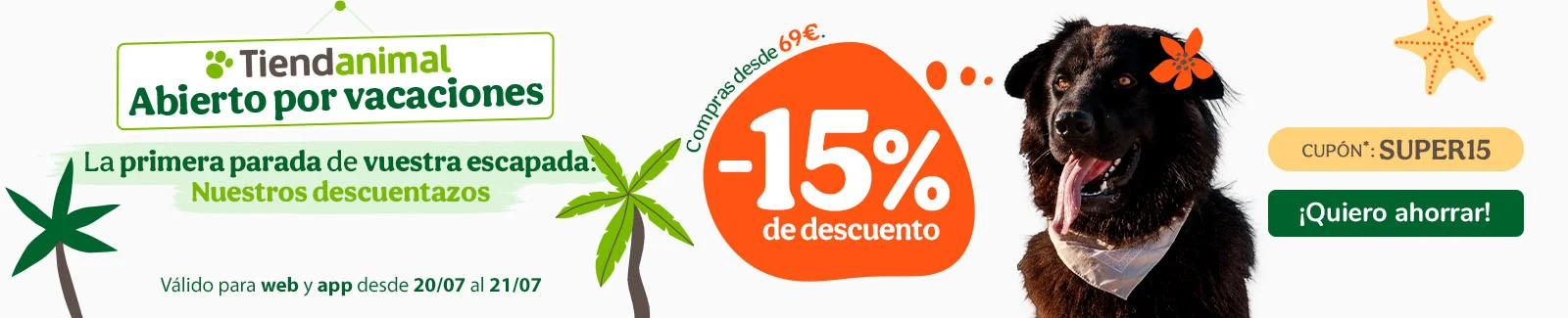 -15% de dto. en alimentación, accesorios y productos de higiene. Cupón SUPER15