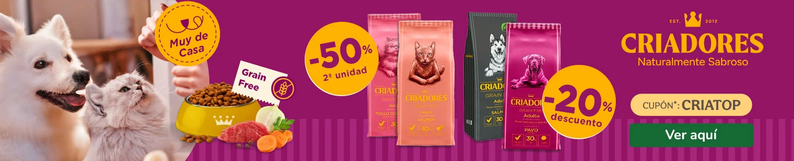 Criadores Grain Free: 20% dto en pienso para perros y 50% dto en la 2&ordf; unidad de pienso para gatos.