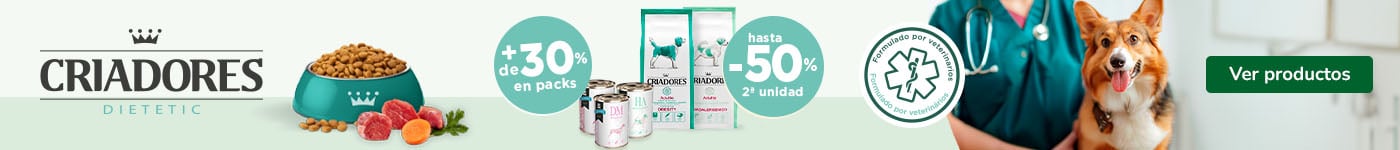 Criadores: Hasta 50% dto en la 2ª unidad de pienso veterinario y +30% dto en packs de comida húmeda para perros.