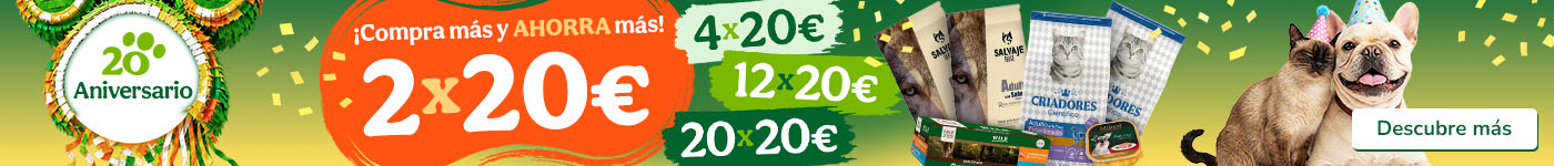 Promociones especiales del 20 aniversario en pienso y comida húmeda para tu peludo.