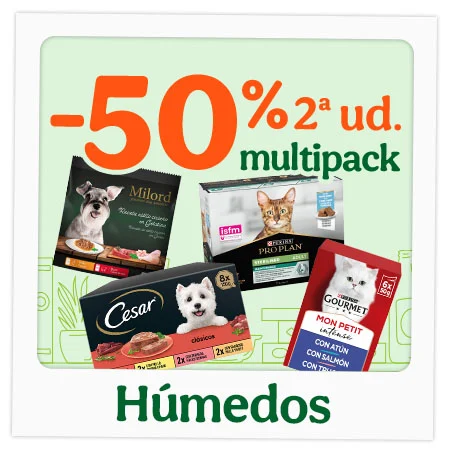 50% dto en la 2ª unidad de multipacks de comida húmeda para tu peludo.