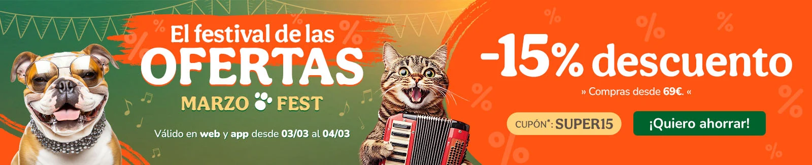 -15% de dto. en alimentaci&oacute;n, accesorios y productos de higiene. Cup&oacute;n SUPER15