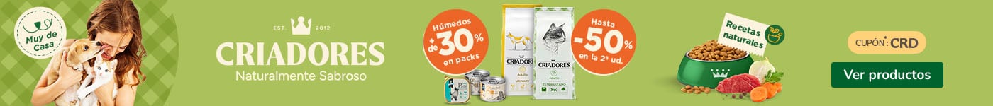 Criadores: Hasta 50% dto en la 2ª unidad de pienso y +30% dto en packs de comida húmeda para gatos.