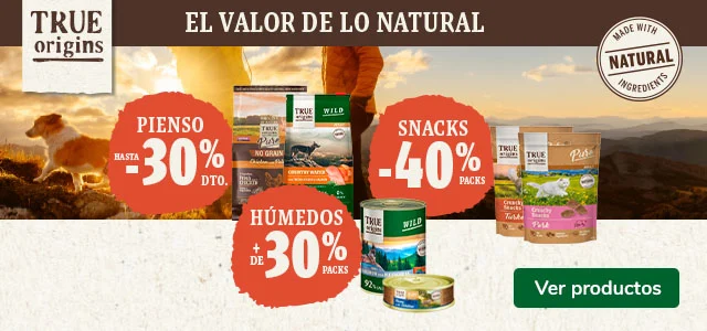 True Origins: Hasta 30% dto en pienso, +30% dto en húmedos y 40% dto en snacks.