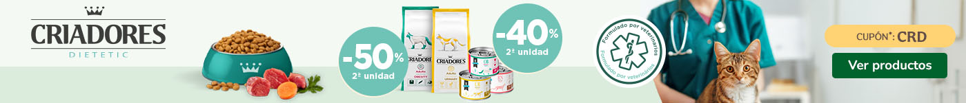 Criadores: 50% dto en la 2ª unidad de pienso veterinario y 40% dto en la 2ª de húmedos para gatos.