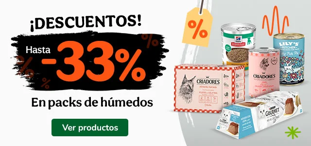Hasta 33% dto en packs húmedos para tu peludo.